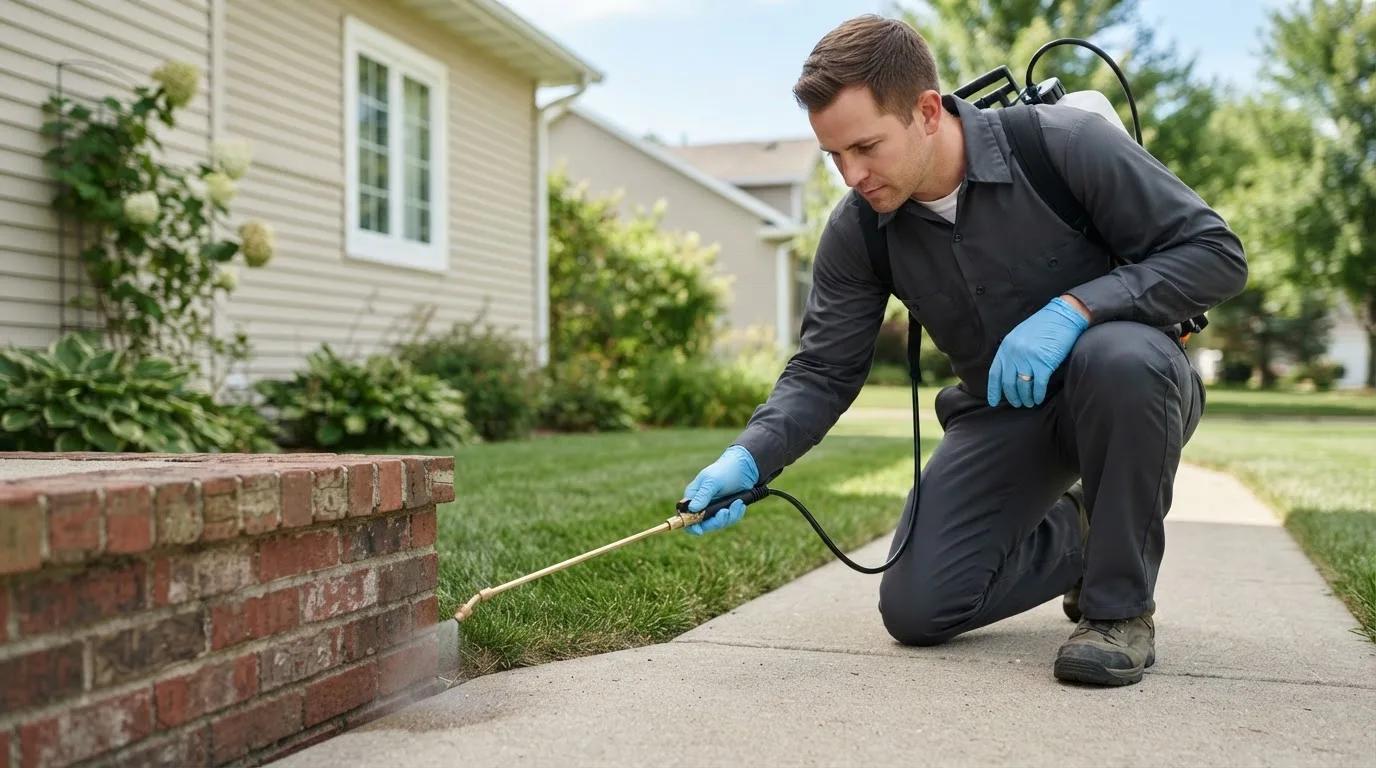 Pest control technician treating a home near Golden Valley, ND