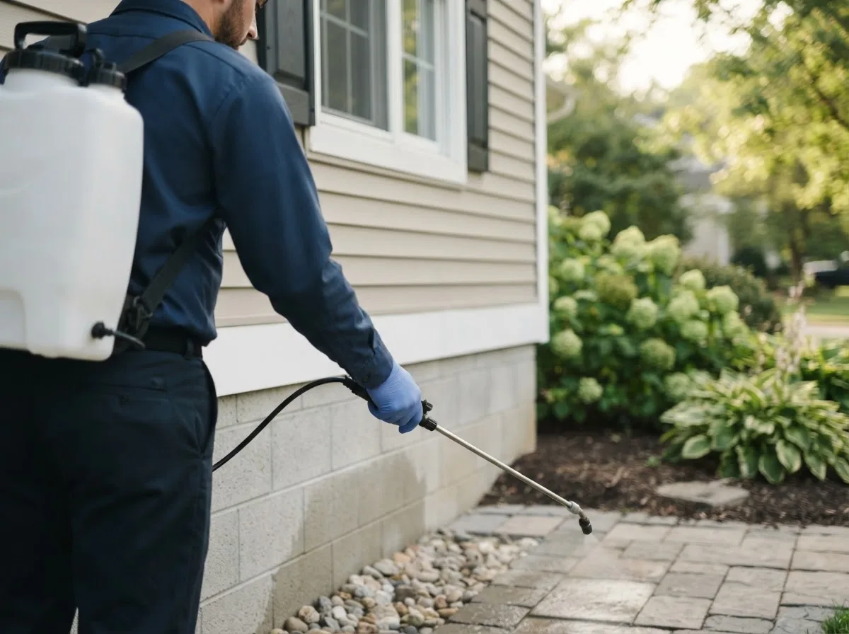 Pest control technician inspecting a home in Golden Valley, ND